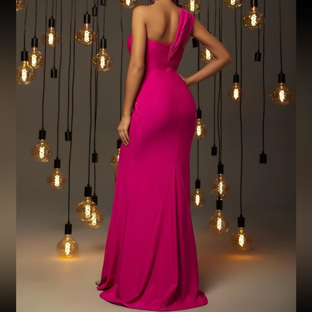 Luxe one shoulder slit thigh party formal prom gown dress - Picture 10 of 16